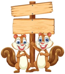 Rolgordijnen Two happy squirrels holding a blank wooden sign. © GraphicsRF