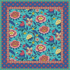 Scarf design with ethnic indian trailing flowers and birds motifs. Persian boho chic floral background. Tribal textile print.