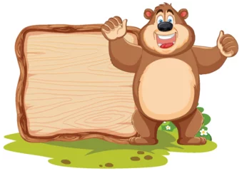 Outdoor kussens Happy cartoon bear presenting an empty signboard. © GraphicsRF