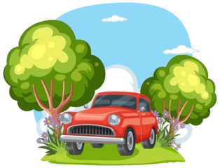 Fototapete Red classic car parked among lush green trees © GraphicsRF