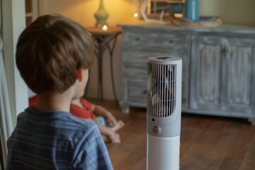 kid watching an oscillating tower fan moving side to side