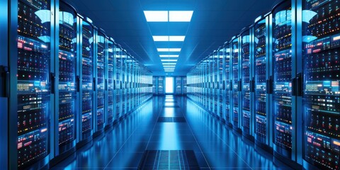 Shot of Corridor in Working Data Center Full of Rack Servers and Supercomputers with High Internet Visualisation Projection.