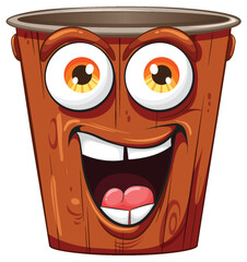 Cheerful wooden bucket with a lively face - obrazy, fototapety, plakaty