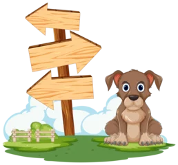 Keuken foto achterwand Cute brown puppy sitting by wooden direction signs © GraphicsRF