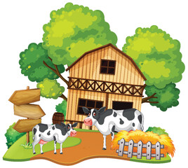 Obraz na płótnie Canvas Cows near a barn with trees and haystack.