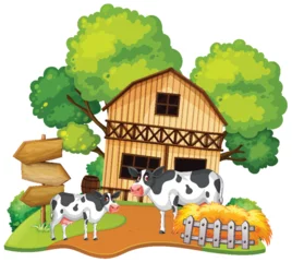 Photo sur Plexiglas Enfants Cows near a barn with trees and haystack.