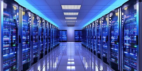 Shot of Corridor in Working Data Center Full of Rack Servers and Supercomputers with High Internet Visualisation Projection.