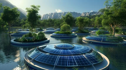 Futuristic eco-friendly domes with solar panels - obrazy, fototapety, plakaty
