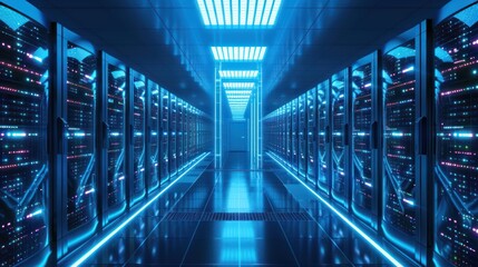 Shot of Corridor in Working Data Center Full of Rack Servers and Supercomputers with High Internet Visualisation Projection.