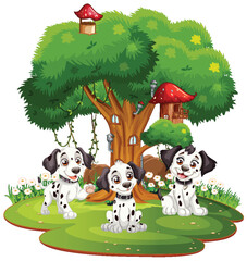 Obraz na płótnie Canvas Three spotted puppies enjoying playtime under a tree