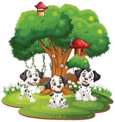 Rolgordijnen Three spotted puppies enjoying playtime under a tree © GraphicsRF