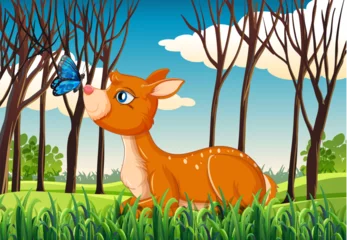 Poster Cute deer interacting with a butterfly in woods © GraphicsRF