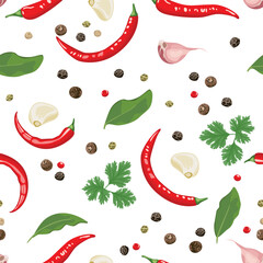 Naklejka premium Spice and herbs seamless pattern. Background with cilantro green leaf, chili, garlic, allspice, peppercorn and Bay leaf. Vector cartoon illustration.