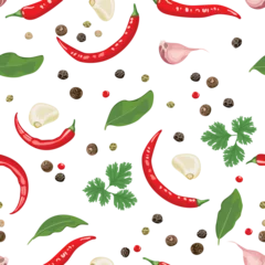 Foto auf Glas Spice and herbs seamless pattern. Background with cilantro green leaf, chili, garlic, allspice, peppercorn and Bay leaf. Vector cartoon illustration. © Sunnydream