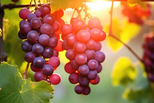 Grapes  image, Grapes on a branch in the garden at sunset, A branch with natural grapes against a blurred background, Ai generated