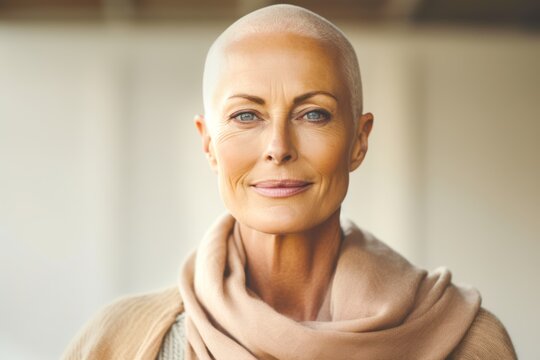 
Close-up shot of a bald woman in her mid-50s, showcasing her confident and radiant personality. The background features a blend of warm and cool tones, creating a harmonious atmosphere.