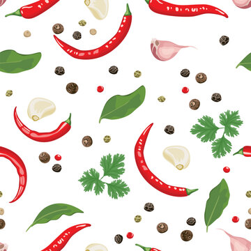 Spice and herbs seamless pattern. Background with cilantro green leaf, chili, garlic, allspice, peppercorn and Bay leaf. Vector cartoon illustration.