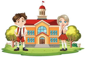 Photo sur Plexiglas Enfants Two cartoon children smiling in front of a school.