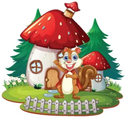 Photo sur Plexiglas Enfants A happy squirrel standing outside a fantasy mushroom home.