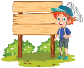 Fototapete Rund Cheerful kid standing by a wooden sign outdoors © GraphicsRF
