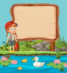 Photo sur Plexiglas Enfants Cartoon of a smiling child near a wooden signboard