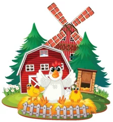 Poster A cheerful hen with chicks outside a red barn. © GraphicsRF