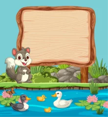 Papier Peint Lavable Enfants Squirrel, ducks, and signboard by a tranquil pond