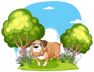 Foto op Plexiglas Cartoon bulldog standing in a lush green park © GraphicsRF