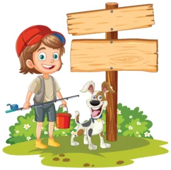 Poster Smiling boy with dog near blank signpost outdoors © GraphicsRF