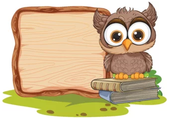 Foto op Plexiglas Cute owl perched on books beside empty sign © GraphicsRF