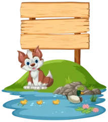 Tuinposter Cartoon dog and duck near a wooden signboard. © GraphicsRF
