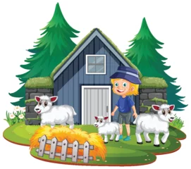 Fotobehang Smiling boy with sheep outside a rural house © GraphicsRF