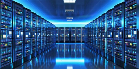 Shot of Corridor in Working Data Center Full of Rack Servers and Supercomputers with High Internet Visualisation Projection.