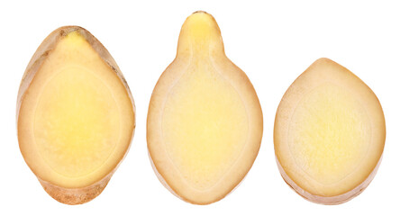 Fresh ginger slices isolated, transparent PNG, PNG format, cut out, Close-up, collection, set.