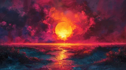 Poster Surreal sunset over a digital landscape © iVGraphic