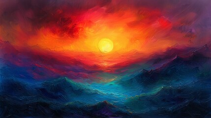 Colorful abstract sunset seascape painting - obrazy, fototapety, plakaty