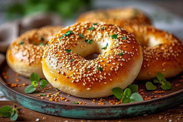 Fresh Sesame Bagels on a Rustic Wooden Plate.
