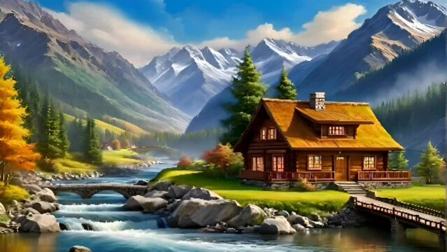 Luxury villa nestled by a picturesque river, surrounded by majestic mountains, with an eagle soaring in the sky. Seamless looping 4k timelapse virtual video animation background generated AI