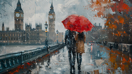 oil painting on canvas street view of London river and a couple walking under an umbrella, generative Ai