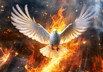 white pigeon flying with open wings emitting fire flame realistic illustration - obrazy, fototapety, plakaty