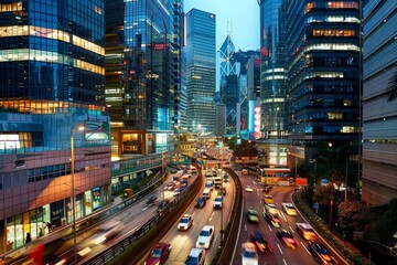 A bustling cityscape at dusk, with illuminated office buildings and streams of cars on the busy...