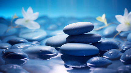 Fototapeta na wymiar Stones and flowers, blue, freshness, background, water