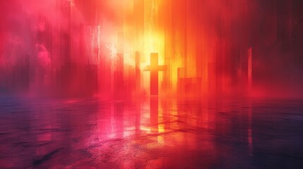 Abstract cross in a colorful digital landscape