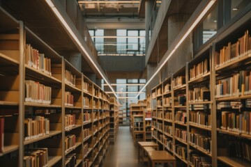 Obraz premium A peaceful library scene, with rows of bookshelves, study desks, and soft ambient lighting creating an ideal environment for concentration during the working hour, Generative AI
