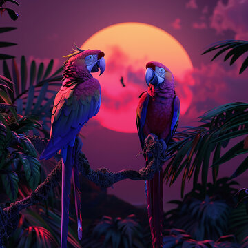 3d rendered photos of magical scene with purple and blue macaw sunset scene magical moment made with generative AI