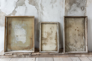 Various wooden retro vintage frames hanging on wall with copy space background. Frames on grunge old wall. Frames for painting or photograph.