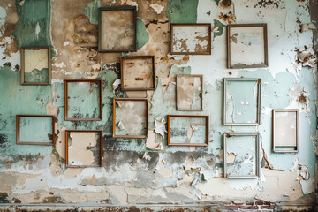 Various wooden retro vintage frames hanging on wall with copy space background. Frames on grunge old wall. Frames for painting or photograph.