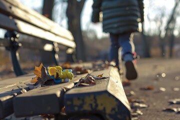 child walking away, forgotten toy on park bench - obrazy, fototapety, plakaty