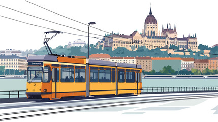 Budapest Hungary Tram No. 2 moves along Danube river