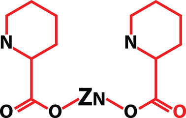Zinc picolinate molecular chemical formula icon. Zinc infographics sign. Chemical structure of Zinc picolinate (C12H8N2O4Zn) symbol. flat style.